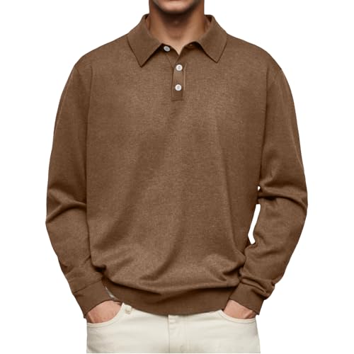 MASHANGGOU Men's Casual and Comfortable Solid Color Lapel Long Sleeve Polo Shirt, S-4XL Classic Lightweight Golf Shirt Basic Solid Color Button Tops (2XL,Brown) von MASHANGGOU