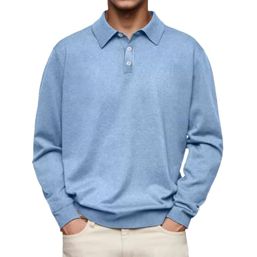 MASHANGGOU Men's Casual and Comfortable Solid Color Lapel Long Sleeve Polo Shirt, S-4XL Classic Lightweight Golf Shirt Basic Solid Color Button Tops (3XL,Blue) von MASHANGGOU