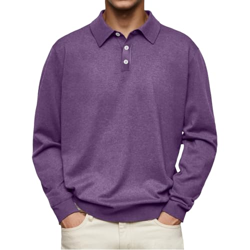 MASHANGGOU Men's Casual and Comfortable Solid Color Lapel Long Sleeve Polo Shirt, S-4XL Classic Lightweight Golf Shirt Basic Solid Color Button Tops (L,Purple) von MASHANGGOU