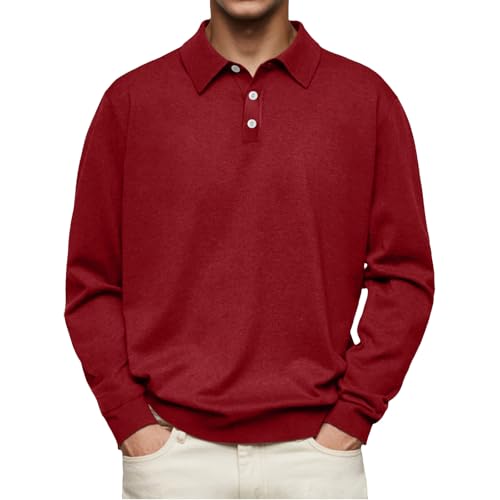 MASHANGGOU Men's Casual and Comfortable Solid Color Lapel Long Sleeve Polo Shirt, S-4XL Classic Lightweight Golf Shirt Basic Solid Color Button Tops (L,Red) von MASHANGGOU