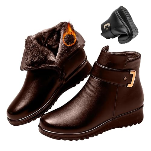 MASHANGGOU Orthopädische Stiefeletten für Damen, Metallschnalle, echtes Leder, Wolle, Winter, rutschfest, warm, Plüschfutter, seitlicher Reißverschluss, Schneestiefel und Stiefeletten (Braun, 40 EU) von MASHANGGOU