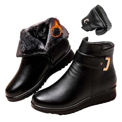 MASHANGGOU Orthopädische Stiefeletten für Damen, Metallschnalle, echtes Leder, Wolle, Winter, rutschfest, warm, Plüschfutter, seitlicher Reißverschluss, Schneestiefel und Stiefeletten (Schwarz, Größe von MASHANGGOU