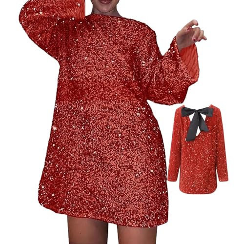 MASHANGGOU Sequin Back Tie Up Bow Loose Mini Dress, Women's Sexy Round Neck Long Sleeve Sparkling Sequin Short Mini Dress for Party Club Festival (XXL,Red) von MASHANGGOU