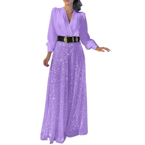 MASHANGGOU Sequin Jumpsuit for Women Uk, Women's Long Sleeve V-Neck Sequin Splicing Wide Leg Jumpsuit Dressy Jumpsuits for Women Evening Party (L,Purple) von MASHANGGOU