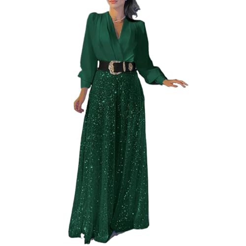 MASHANGGOU Sequin Jumpsuit for Women Uk, Women's Long Sleeve V-Neck Sequin Splicing Wide Leg Jumpsuit Dressy Jumpsuits for Women Evening Party (M,Dark Green) von MASHANGGOU