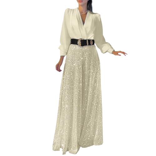 MASHANGGOU Sequin Jumpsuit for Women Uk, Women's Long Sleeve V-Neck Sequin Splicing Wide Leg Jumpsuit Dressy Jumpsuits for Women Evening Party (S,Beige) von MASHANGGOU