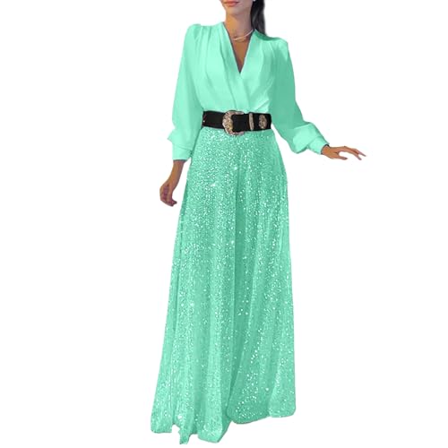 MASHANGGOU Sequin Jumpsuit for Women Uk, Women's Long Sleeve V-Neck Sequin Splicing Wide Leg Jumpsuit Dressy Jumpsuits for Women Evening Party (S,Cyan) von MASHANGGOU