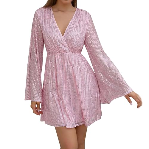 MASHANGGOU V-Neck Sequin Dress for Women UK, Women's Long Sleeve Sexy Sparkly Sequin Party Dress Sparkly Glitter Wrap Party Club Cocktail Dresses (Pink,XL) von MASHANGGOU