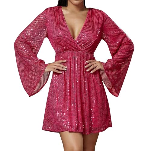 MASHANGGOU V-Neck Sequin Dress for Women UK, Women's Long Sleeve Sexy Sparkly Sequin Party Dress Sparkly Glitter Wrap Party Club Cocktail Dresses (Rose Red,S) von MASHANGGOU