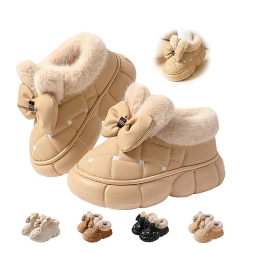 MASHANGGOU Women's Cute Bowknot Design Plush Lined Slipper, Winter Warm Anti-Skid Waterproof Thick Sole House Boots Casual Furry Bow Slippers (36-37,Apricot) von MASHANGGOU