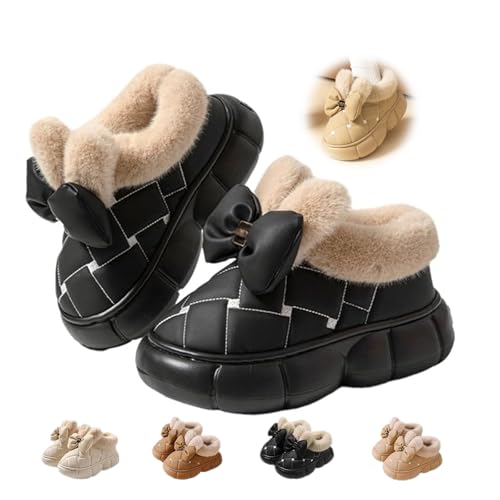 MASHANGGOU Women's Cute Bowknot Design Plush Lined Slipper, Winter Warm Anti-Skid Waterproof Thick Sole House Boots Casual Furry Bow Slippers (36-37,Black) von MASHANGGOU