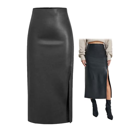 MASHANGGOU Women's Faux Leather Maxi Skirt, Winter High Waisted Slit Long Leather Skirts Black Leather Skirt Sexy A Line Pencil Skirt (S,Black) von MASHANGGOU