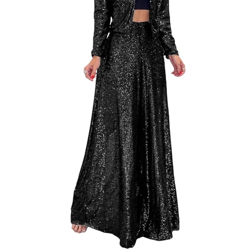 MASHANGGOU Women’s Trendy Sequin High Waist Wide Leg Pants, Fashion Bling Sequin Pants Plus Size Bell Bottom Pants Party Flared Trousers (Black,3XL) von MASHANGGOU