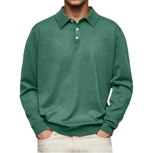 Men's Casual and Comfortable Solid Color Lapel Long Sleeve Polo Shirt, S-4XL Classic Lightweight Golf Shirt Basic Solid Color Button Tops (L,Green) von MASHANGGOU