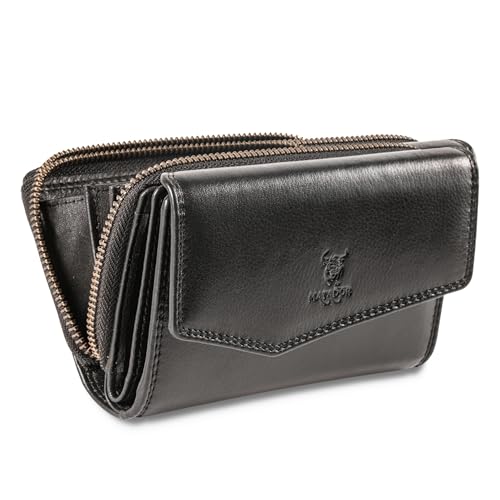 MATADOR RFID Blocker Leder Portemonnaie Damen Gross | Geldbeutel Portmonee Damen mit Geschenk-Box | Damen Geldbörse Damen Leder Mittelgroß Viele Fächer | Geldtasche Brieftasche Damen | Schwarz Nappa von MATADOR