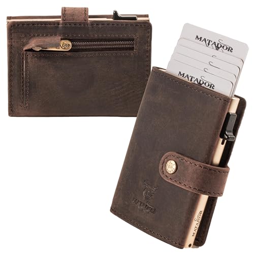 MATADOR Slim Wallet Miami – Leder Kreditkartenetui mit POP-UP Kartenhalter - mit RFID-Schutz & Münzfach - Mini Portemonnaie – kleine Geldbörse Männer mit Geschenk-Box Dunkel Braun von MATADOR