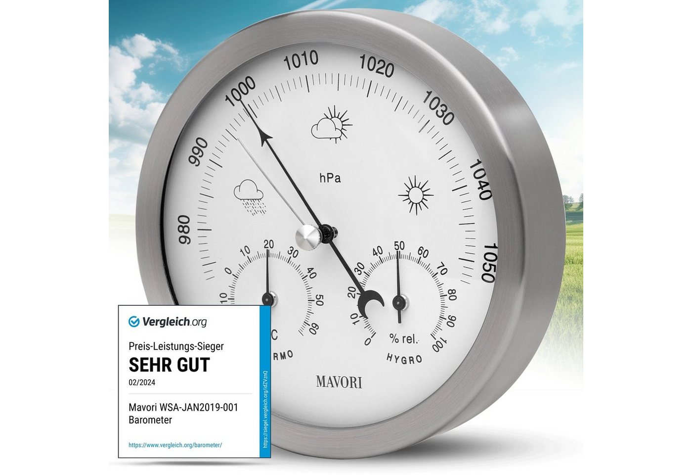 MAVORI analoge Wetterstation - 3in1 Barometer, Hygrometer & Thermometer Wetterstation (inkl. Befestigungsmaterial für Wandmontage, mechanische Messung - ohne Batterie oder flüssige Substanzen) MAVORI analoge Wetterstation - 3in1 Barometer, Hygrometer & Thermometer Wetterstation (inkl. Befestigungsmaterial für Wandmontage, mechanische Messung - ohne Batterie oder flüssige Substanzen) von MAVORI