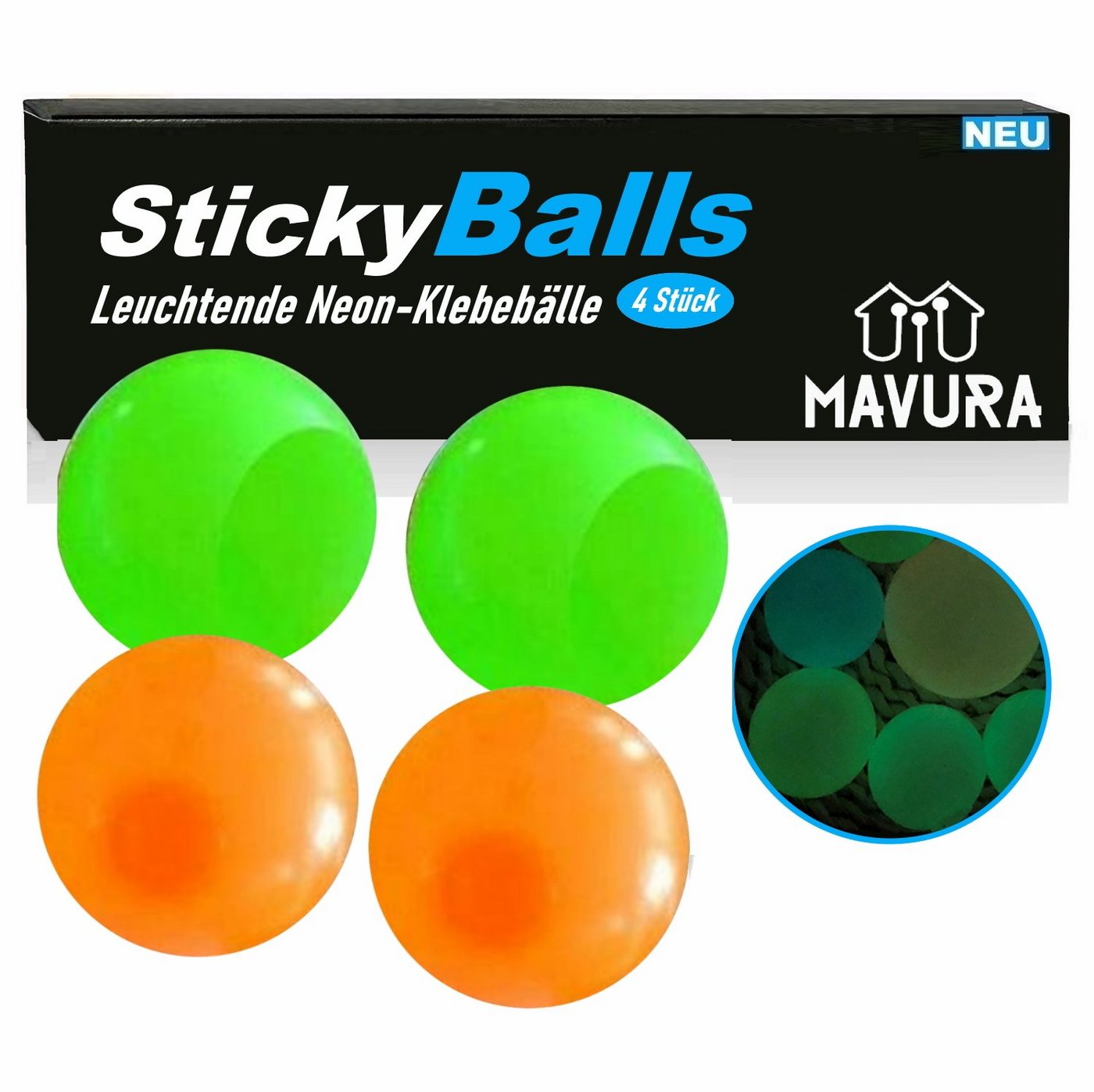 MAVURA Spielball StickyBalls GLOW Leuchtende Neon Klebebälle Klebe (Squishy Squeeze Bälle für die Decke), Spaß Antistress Ball Schleim [4er Set] von MAVURA