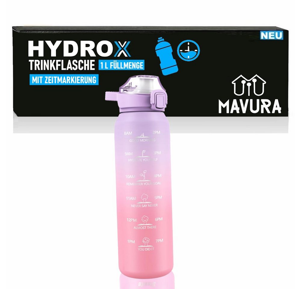 MAVURA Trinkflasche HYDROX Trinkflasche mit Zeitmarkierung Wasserflasche Sportflasche, Jogging Yoga Schule Flasche Zeitangabe auslaufsicher 1L von MAVURA