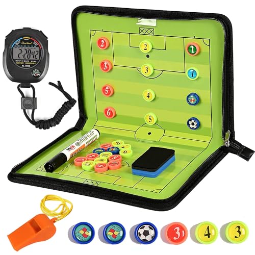 Maxee Fußball Taktiktafel Klappbar Trainermappe, Taktikmappe Fussball Coach Board mit Magnetische Große Schachfiguren, Stoppuhr Timer, Schiedsrichter Pfeifen, Schwamm, Board Marker von Maxee