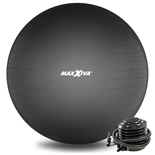 MAXXIVA® Gymnastikball 85 cm Anti-Burst mit Luftpumpe bis 250 kg hautfreundlicher Sitzball Reha Hometraining Balanceball Yoga Pilates Sport Fitnessball (85 cm, Schwarz) von MAXXIVA