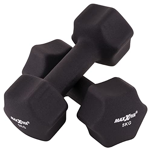 MAXXIVA Hantelset schwarz Neopren 2 x 5 kg Gymnastikhanteln Kurzhanteln Krafttraining Workout Kraftübungen Bodybuilding Fitness-Zubehör Gewichtheben Reha Pilates von MAXXIVA