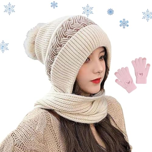 Integrierter Gehörschutz Winddichte Mütze Schal Winter Warm Verbundener Gehörschutz Strickmütze Wintermütze Schal, Damen Wintermütze Schal All in One Mützen mit Pompon (Beige,Einheitsgröße) von MAYNUO