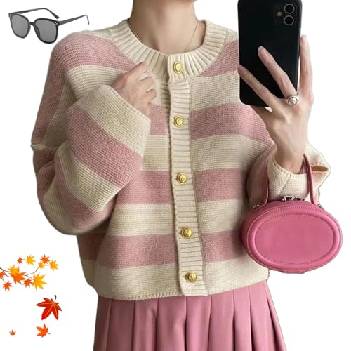 MAYNUO Damen Langarm gestreifter Pullover mit Rundhalsausschnitt,gestreifter gestrickter Pullover mit Goldknöpfen,LadyPatch Pocket Striped Cardigan Sweaters (Rosa,Einheitsgröße) von MAYNUO