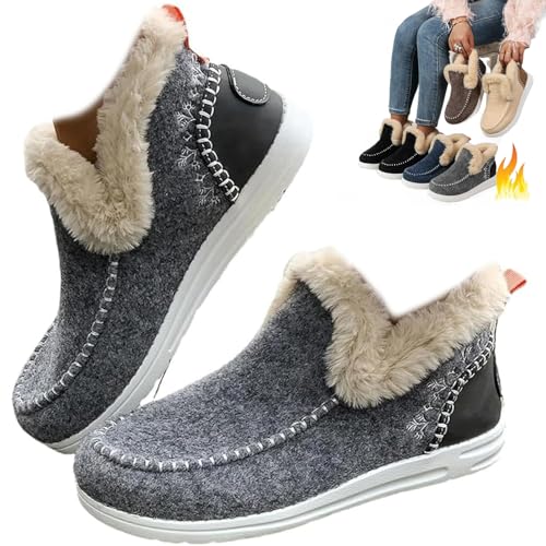 MAYNUO Frauen Winter Plüsch gefüttert Flache Schuhe Bequeme orthopädische Bogen Unterstützung Outdoor Walking Schuhe Klassische rutschfeste Knöchel Schneestiefel (Grau,37) von MAYNUO