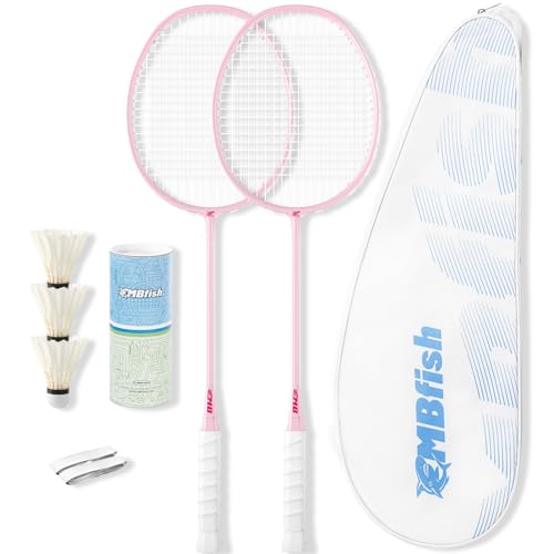 MBFISH Badmintonschläger-Set mit 2 Kohlefaser-Schlägern, 3 Federbällen, 2 Ersatz-Griffbändern und 1 Badminton-Tasche, perfekt für Anfänger und Outdoor-Spiele, Rosa von MBFISH