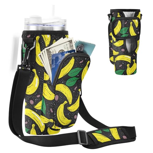MCHIVER Bananas Wasserflaschenhalter mit Handytaschen für 1,2 l Becher mit Griff, Wasserflaschen-Tragetasche, Crossbody-Tasche für Wandern, Camping, Schwarz, Bananen, schwarz, Einheitsgröße von MCHIVER