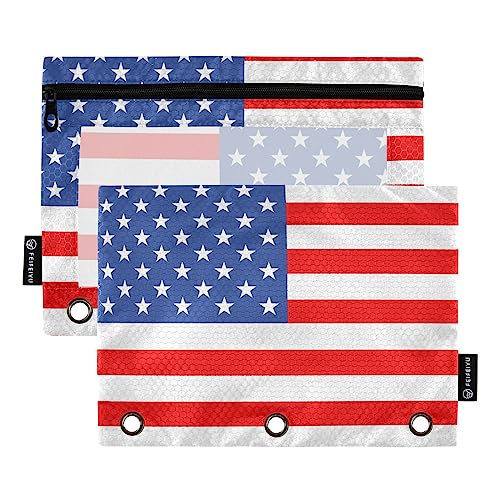 MCHIVER Federmäppchen mit Amerika-Flagge für 3-Ringbuch-Bleistiftbeutel mit Reißverschlüssen, durchsichtiges Fenster, Bindertaschen, Bleistifttaschen für Arbeit, Büro, Alltag, 2 Packungen von MCHIVER