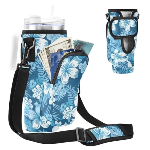 MCHIVER Hawaii Wasserflaschenhalter mit Handytaschen für 1,2 l Trinkbecher mit Griff, Wasserflaschen-Tragetasche mit Gurt, für Reisen und Wandern, Blau, Hawaii Blue Flowers, Einheitsgröße von MCHIVER