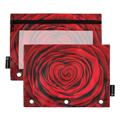 MCHIVER Love Red Rose Federmäppchen für 3-Ringbuch-Bleistiftbeutel mit Reißverschlüssen, durchsichtiges Fenster, Bindertaschen, Bleistifttaschen für den täglichen Organizer, Büroarbeit, 2 Packungen von MCHIVER