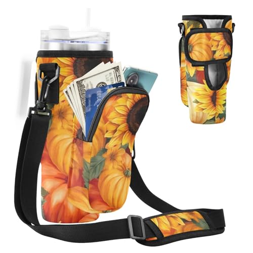 MCHIVER Pumpkins Sonnenblumen-Wasserflaschenhalter mit Handytaschen für 1,2 l Becher mit Griff, Wasserflaschen-Tragetasche für Wandern, Reisen, Kürbisse und Sonnenblumen, Einheitsgröße von MCHIVER