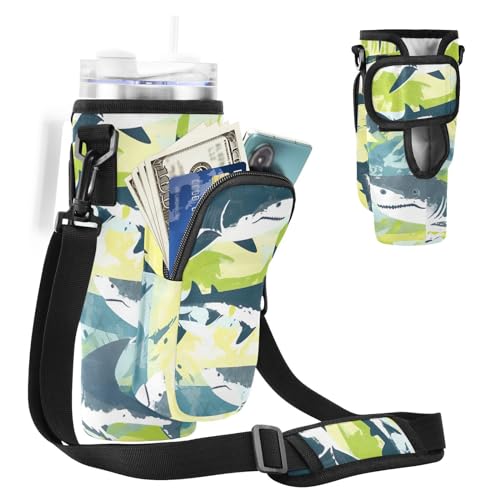 MCHIVER Wasserflaschenhalter mit Handytaschen für 1,2 l Becher mit Griff, für Wasserflaschen-Tragetaschen für Wandern, Fitnessstudio, Gelb / Grün, Gelbe grüne Haie, Einheitsgröße von MCHIVER