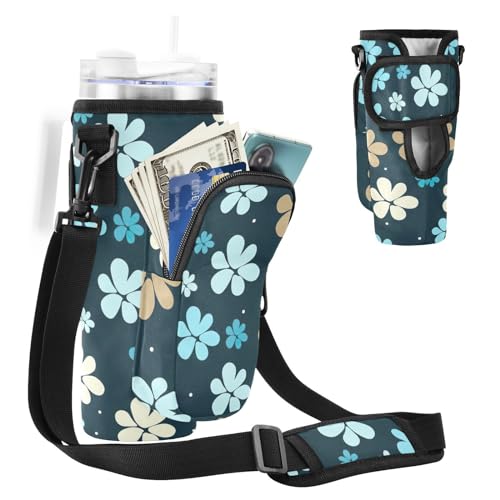 MCHIVER Wasserflaschenhalter mit Handytaschen für 1,2 l Trinkbecher mit Griff, für Spaziergänge, Wandern, bunte Blumen, Mehrfarbiges Blumenmuster, Einheitsgröße von MCHIVER