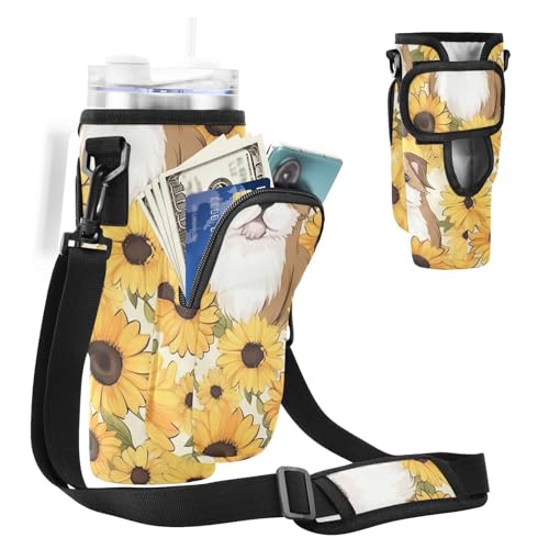 MCHIVER Wasserflaschenhalter mit Sonnenblumen-Motiv, mit Handytaschen, für 1,2 l Trinkbecher mit Griff, Wasserflaschen-Tragetasche für Wandern, Fitnessstudio, Niedlicher Welpe mit Sonnenblume, von MCHIVER