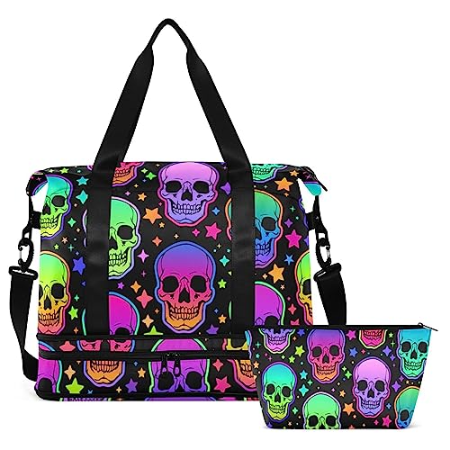 Neon Skulls Reisetasche für Damen und Herren, Sporttasche mit Schuhfach, Nassfach, Handgepäck, Wochenend-Übernachtungstaschen für Krankenhaus, Fitnessstudio, Reisen, Mehrfarbig, Large von MCHIVER