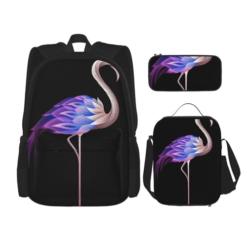 MDATT Abstrakter Flamingo-Rucksack mit Lunchbox, Anime-Rucksack, Schultasche, Büchertasche, Rucksack-Set für drei, Schwarz , Einheitsgröße, Schulranzen-Set von MDATT