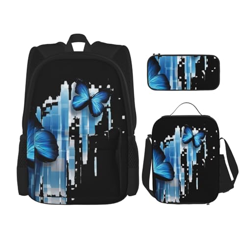 MDATT Blue Buteerfly Rucksack mit Lunchbox, Anime-Rucksack, Schultasche, Büchertasche, Rucksack-Set für drei, Schwarz , Einheitsgröße, Schulranzen-Set von MDATT