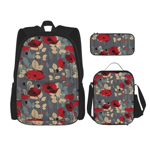 MDATT Bright Flowers Rucksack mit Lunchbox, Anime-Rucksack, Schultasche, Büchertasche, Rucksack-Set für drei, Schwarz , Einheitsgröße, Schulranzen-Set von MDATT