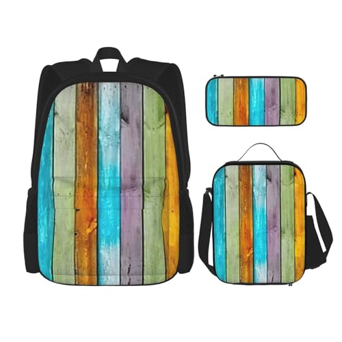 MDATT Farbenfroher Holzbrett-Rucksack mit Lunchbox, Anime-Rucksack, Schultasche, Büchertasche, Rucksack-Set für drei Personen, Schwarz , Einheitsgröße, Schulranzen-Set von MDATT