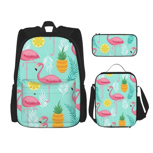 MDATT Flamingo Rucksack mit Lunchbox, Anime-Rucksack, Schultasche, Büchertasche, Rucksack-Set für drei, Schwarz , Einheitsgröße, Schulranzen-Set von MDATT