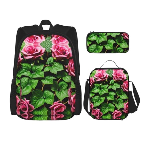 MDATT Floral Rose Efeu mit Blättern, Frühlingsrucksäcke, Lernrucksäcke mit Lunchbox, Federmäppchen, Segeltuch, Reisetasche für Grundschüler, Schwarz , Einheitsgröße, Schulranzen-Set von MDATT