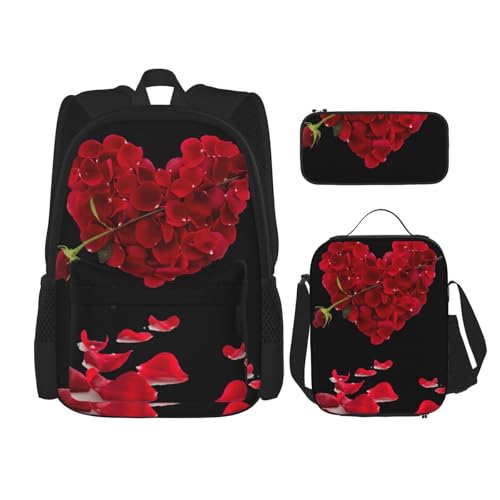 MDATT Herzförmiger Rucksack mit Blumenblättern, mit Lunchbox, Anime-Rucksack, Schultasche, Büchertasche, Rucksack-Set für drei Personen, Schwarz , Einheitsgröße, Schulranzen-Set von MDATT