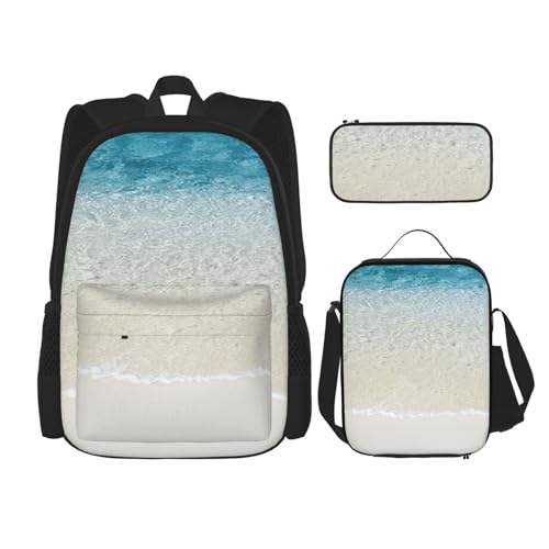 MDATT Klares Meerwasser, weißer Sand-Strand-Rucksack mit Lunchbox, Anime-Rucksack, Schultasche, Büchertasche, Rucksack-Set für drei Personen, Schwarz , Einheitsgröße, Schulranzen-Set von MDATT