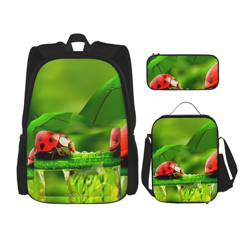 MDATT Lustiger Marienkäfer-Rucksack mit Regenschirmen und Lunchbox, Anime-Rucksack, Schultasche, Büchertasche, Rucksack-Set für drei Personen, Schwarz , Einheitsgröße, Schulranzen-Set von MDATT