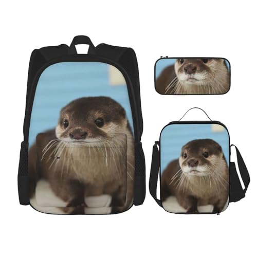 MDATT Niedlicher Otter-Rucksack mit Lunchbox, Anime-Rucksack, Schultasche, Büchertasche, Rucksack-Set für drei, Schwarz , Einheitsgröße, Schulranzen-Set von MDATT