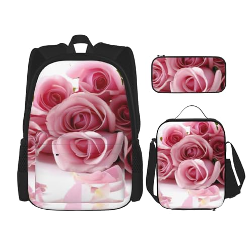 MDATT Rosa Rose Rucksack mit Lunchbox, Anime-Rucksack, Schultasche, Büchertasche, Rucksack-Set für drei, Schwarz , Einheitsgröße, Schulranzen-Set von MDATT